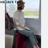 hk jack tao潮牌女裝 圓領(lǐng)休閑蕾絲襯衫新款寬松長袖雪紡鏤空收腰上衣娃娃衫 080白色 M 100-120斤左右