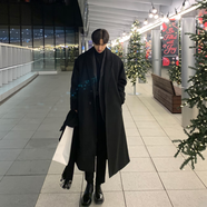HOUQIYE 毛呢大衣男秋季新款情侶風(fēng)衣寬松外套男韓版潮流落肩純色大衣 F12黑色 M（100-120）