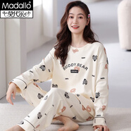 莫代爾女士睡衣女夏季100%純棉圓領(lǐng)套頭長(cháng)袖褲家居服套裝休閑寬松可外穿 【100%純棉】米白卡通款 L (建議100-120斤)