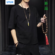 UYUK短袖男冰絲T恤男夏季中國風(fēng)亞麻短袖寬松棉麻半袖V領(lǐng)五分袖上衣潮牌男裝 7025黑色 4XL