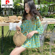 皮爾卡丹娃娃衫上衣夏季女韓版寬松襯衣甜美洋氣a字蓬蓬碎花小衫中袖襯衫 綠色蒲公英 S 建議100斤以下