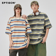 衣品天成  EPTISON國潮復古條紋純棉短袖T恤夏季寬松休閑潮流高街上衣男女 紅藍條 160