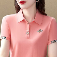 凡古拉短袖翻領T恤女2022夏裝新款繡花洋氣純棉polo衫顯瘦氣質(zhì)減齡上衣 粉色(夏款) 女2XL(建議120-130斤)