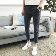 增仔港版新款九分褲男韓版修身牛仔褲彈力小腳褲個(gè)性拼接緊身褲鉛筆褲青少年學(xué)生裝 灰色 27碼