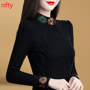 NFTY春秋加絨加厚網(wǎng)紗打底衫女秋冬時(shí)尚修身長(zhǎng)袖女上衣秋季新款女裝 黑色 L （建議105-115斤）