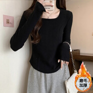 風(fēng)采兔 2025秋冬新款設計感別致長(cháng)袖打底衫女內搭魚(yú)骨上衣加絨修身T恤女 黑色【加厚磨毛款】 M