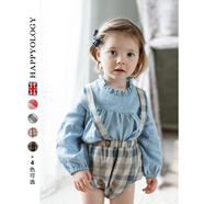 happyologyHappyology英國兒童褲子秋季新款吊帶褲小童裝亞麻短褲格紋背帶褲 藍格子 86 (86cm)