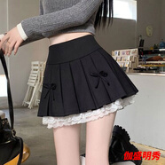口旋大碼蕾絲花邊拼接灰色百褶半身裙秋冬女裝微胖女孩穿搭a字短裙子 黑色 2XL