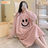 歐鹿汐大碼珊瑚絨睡裙女秋加絨加厚睡衣女士冬天法蘭絨保暖加肥碼連衣裙 YQM1229粉色笑臉 L 碼 (建議130-150斤)