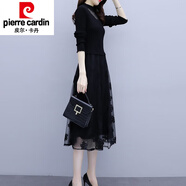 皮爾卡丹（pierre cardin）中長(zhǎng)毛衣女秋冬2025年新款加絨加厚外穿蕾絲百搭洋氣過膝打底衫裙 黑色【不加絨】 XL 115-130斤