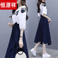 恒源祥連衣裙女裝2024夏季新款小香風(fēng)套裝裙雪紡裙子女中長(zhǎng)款刺繡套裝 白色套裝裙777 L