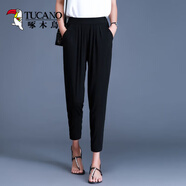 啄木鳥(niǎo)冰絲七分褲女2026夏季薄款哈倫褲大碼寬松時(shí)尚舒適夏季女褲子馬褲 黑色九分 M 80-110斤