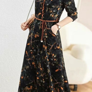 BJORN MOAN春夏秋新款高端水印荷葉邊彈力收腰長(zhǎng)袖連衣裙透氣中長(zhǎng)裙 黑色 XL 建議90斤-105斤