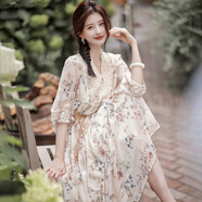 依伊純感溫柔風(fēng)雪紡連衣裙女夏季透氣清爽碎花裙仙氣飄飄垂感中長(cháng)裙 碎花 S 建議105斤左右
