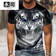 永司帶虎頭圖案的t恤老虎頭印花短袖男中國(guó)風(fēng)3D士夏季休閑體恤潮社會(huì) 黑色老虎 5XL 190-200斤