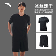安踏（ANTA）速干套裝丨男運(yùn)動(dòng)短袖短褲夏跑步套裝足球套裝訓(xùn)練服兩件套晨練服 【進(jìn)階跑步】黑5203-4(口袋拉鏈) L/175