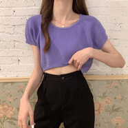 瑟空（SEKONG）2025夏新款韓版減齡v領(lǐng)套頭翻領(lǐng)上衣設計感露腰薄款針織衫YYN 甜美小心機紫色 均碼 彈力建議【75-120斤】