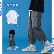 主意范（ZHUYIFAN）肥佬胖大碼男裝240斤工裝褲子男夏秋薄款束腳闊腿垂感寬松休閑褲 深灰色+白色T恤 L 110-130斤