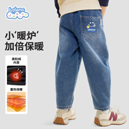 班尼路男童牛仔褲冬季2024款男孩加絨加厚寬松褲子兒童休閑保暖冬裝長褲