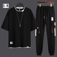 宗獅猴夏天上衣+褲子男裝搭配一整套衣服 春夏季休閑套裝男士寬松短袖男 305黑色短袖套裝 S