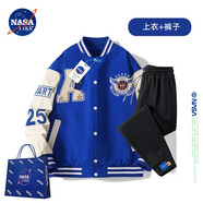 NASA LIKE官方外套春秋季美式字母棒球服領飛行員夾克男女套裝加厚情侶上衣 克萊因藍+黑色褲子 M（建議90-125斤）