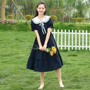 BMOI娃娃領(lǐng)學(xué)院風(fēng)少女連衣裙夏季初中學(xué)生高中女生夏裝長(cháng)款過(guò)膝長(cháng)裙子 藏青色 XL 110-120斤