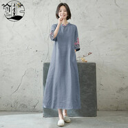 弄堂里高端輕奢 民族風(fēng)棉麻女裝文藝寬松連衣裙復古亞麻中式茶藝師服裝禪意茶服女 灰色 M 建議90-110斤