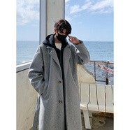 Shelley Jones假兩件毛呢子大衣男中長(cháng)款秋冬季新款可拆卸連帽寬松夾棉風(fēng)衣外套 灰色 XL [建議140-165斤]