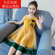 3-6-14歲小女孩穿的 童裝女童連衣裙紗裙夏裝2022新款兒童洋氣裙子中大童韓版公主裙子 綠帶結裙子黃色 130碼建議身高120cm
