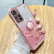 羅璐鷗 紅米note11Pro手機殼軟硅膠殼支架小米note11外殼Pro+保護(hù)套水鉆玫瑰花漸變閃粉 【漸變玫瑰金】+指環(huán)支架+全屏鋼化膜 紅米note11（5G）