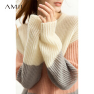 AMII2024冬新款極簡彩色寬松馬海毛羊毛混紡撞色中長落肩袖毛衣女 [