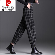 皮爾卡丹（pierre cardin）秋冬新款毛呢哈倫褲女高腰寬松大碼顯瘦束腳蘿卜褲保暖百搭格子褲 黑白格子A012 M 建議85-105斤