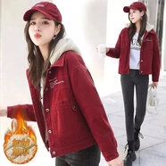 愷吉銳牛仔短外套女大毛領(lǐng)冬休閑韓版加厚保暖派克服女 紅色 帶 M 90斤-105斤