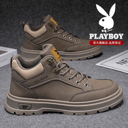 花花公子男鞋秋冬季新款運動(dòng)休閑鞋皮面防滑鞋子男耐磨復古工裝板鞋男款 軍綠 41