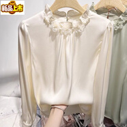 Sorrynam真絲襯衫女氣質(zhì)顯瘦色立領(lǐng)花朵釘珠套頭短袖桑蠶絲女夏裝上衣 長(cháng)袖-米白色 S 【100斤以下】