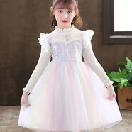 好莉婭女童連衣裙兒童冰雪奇緣愛(ài)莎公主裙春秋新款女童長(cháng)袖加絨連衣裙女孩蓬蓬紗裙 白色 不加絨838 110(建議身高105左右)