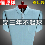 恒源祥短袖t恤男裝夏季真口袋純色上衣翻領(lǐng)寬松純棉中年T恤衫爸爸裝 8377湖藍(lán) L 175/52 建議140-155斤
