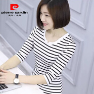 皮爾卡丹中袖棉t恤女春秋上衣新款黑白橫條紋衫2025七分袖T恤莫代爾打底衫 米白大黑小 升級版莫代爾棉 2XL 120斤左右