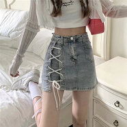 蘭威費雷辣妹牛仔半身裙女夏季新款小個子包臀高腰a字開叉短裙SN462229029 藍色 S（70—90斤）