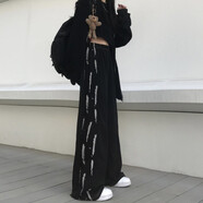 風采兔 闊腿褲女春秋2021新款原宿高腰黑色高街ins寬松直筒拖地休閑褲子 黑色 L