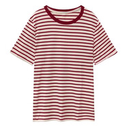 恰凡（QIAFAN）顯白綠色條紋t恤女短袖夏季2025年新款薄款撞色上衣寬松圓領(lǐng)體恤 紅色 S (80斤-95斤)