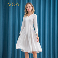 VOA100%真絲16姆米雙縐V領(lǐng)卷邊袖倒褶修身大擺桑蠶絲連衣裙 A55 水紋淺清白（W34） 2XL