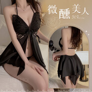 霏慕吊帶蝴蝶含胸墊睡裙迷人性感裸背露溝睡衣6573夫妻激情套裝變態(tài) 黑連衣裙+T褲 均碼建議體重80-130斤