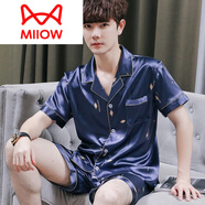 貓人（MiiOW）男士睡衣夏季夏款絲綢真絲家居服短袖短褲夏天可外穿男款大碼套裝 雙短男士藏青圖標(biāo) L (110-130斤)