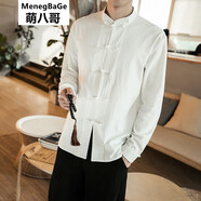 萌八哥長(cháng)袖襯衫中國風(fēng)盤(pán)扣大碼男中式亞麻中山裝復古外套棉麻寬松民族風(fēng) 白色 XL