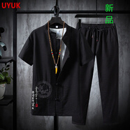 UYUK國風中國風套裝男唐裝男潮牌復古外套中式漢服古裝冰絲短袖T恤男青年 TZ022黑色 XXL