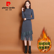 皮爾卡丹加絨加厚羊毛針織連衣裙女中長(cháng)款過(guò)膝長(cháng)裙秋冬韓版長(cháng)袖蕾絲打底毛 【加絨加厚】灰 S 建議85-95斤