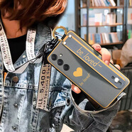 飾卓 三星A54 5G版手機殼Galaxy A54保護套SM-A5460鏡頭全包防摔硅膠軟殼男女款 灰色愛心+腕帶支架+長短繩 三星A54 5G版