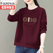 Fazeya恒源祥加絨加厚衛(wèi)衣女裝秋冬裝圓領(lǐng)新款韓版時尚休閑印花寬松上衣 春秋款【酒紅】ONE L 【建議100-115】