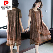 皮爾卡丹（pierre cardin）復古網(wǎng)紗拼接連衣裙女中年女士夏裝2025新款寬松200斤雪紡裙氣質(zhì) 卡其 2XL (建議125-145斤)